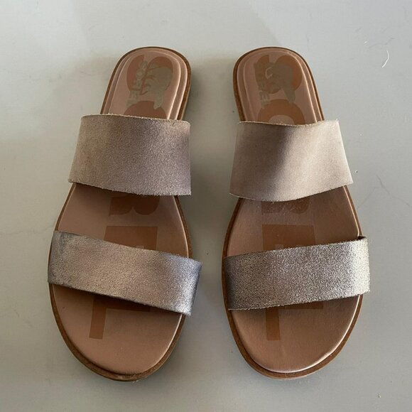 Sorel Women's Ella II Slide Sandals / Tan Metallic Slides Flats - Picture 1 of 5